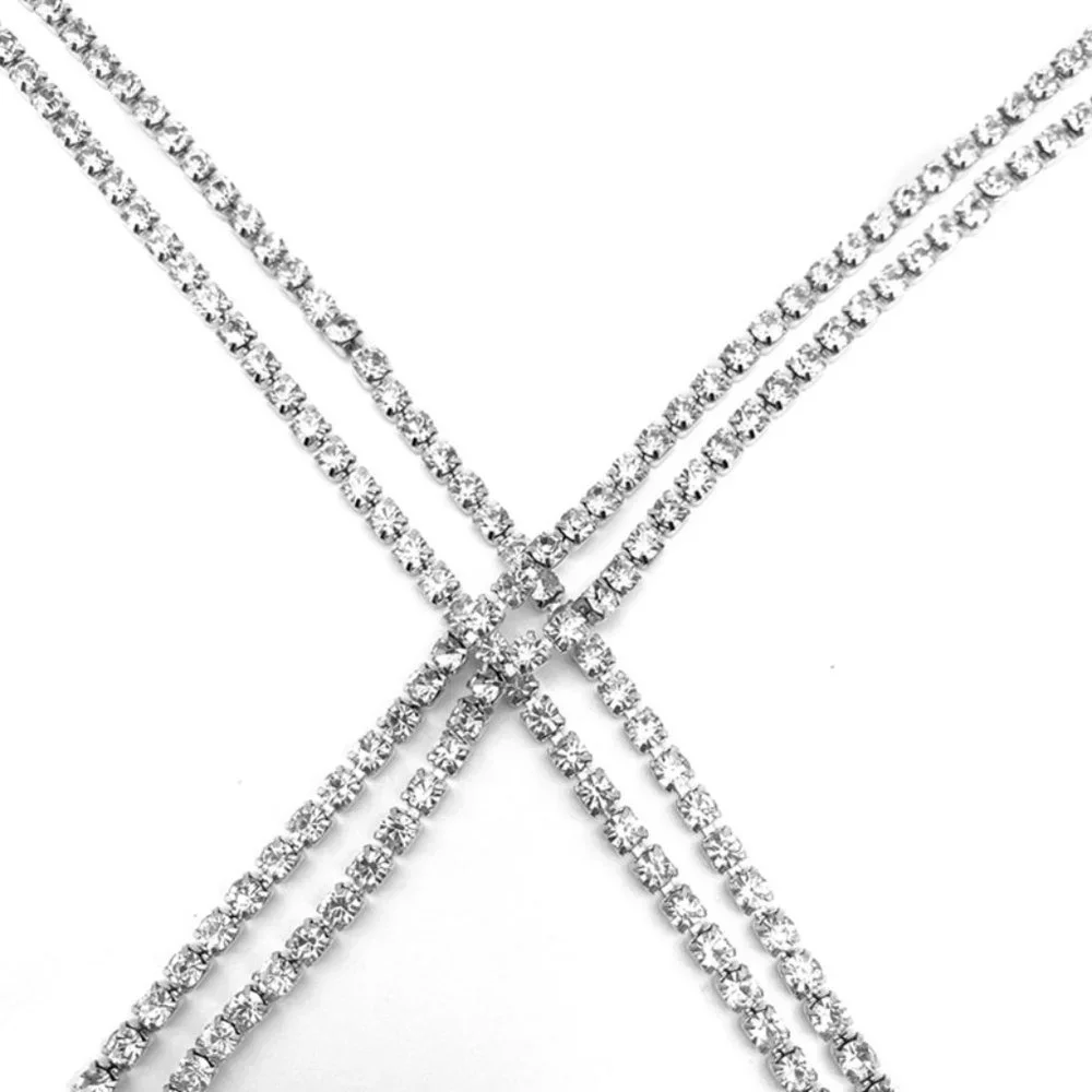 Double Criss Cross Sparkling Rhinestone Bust Body Harness Chain - Picture 3 of 6